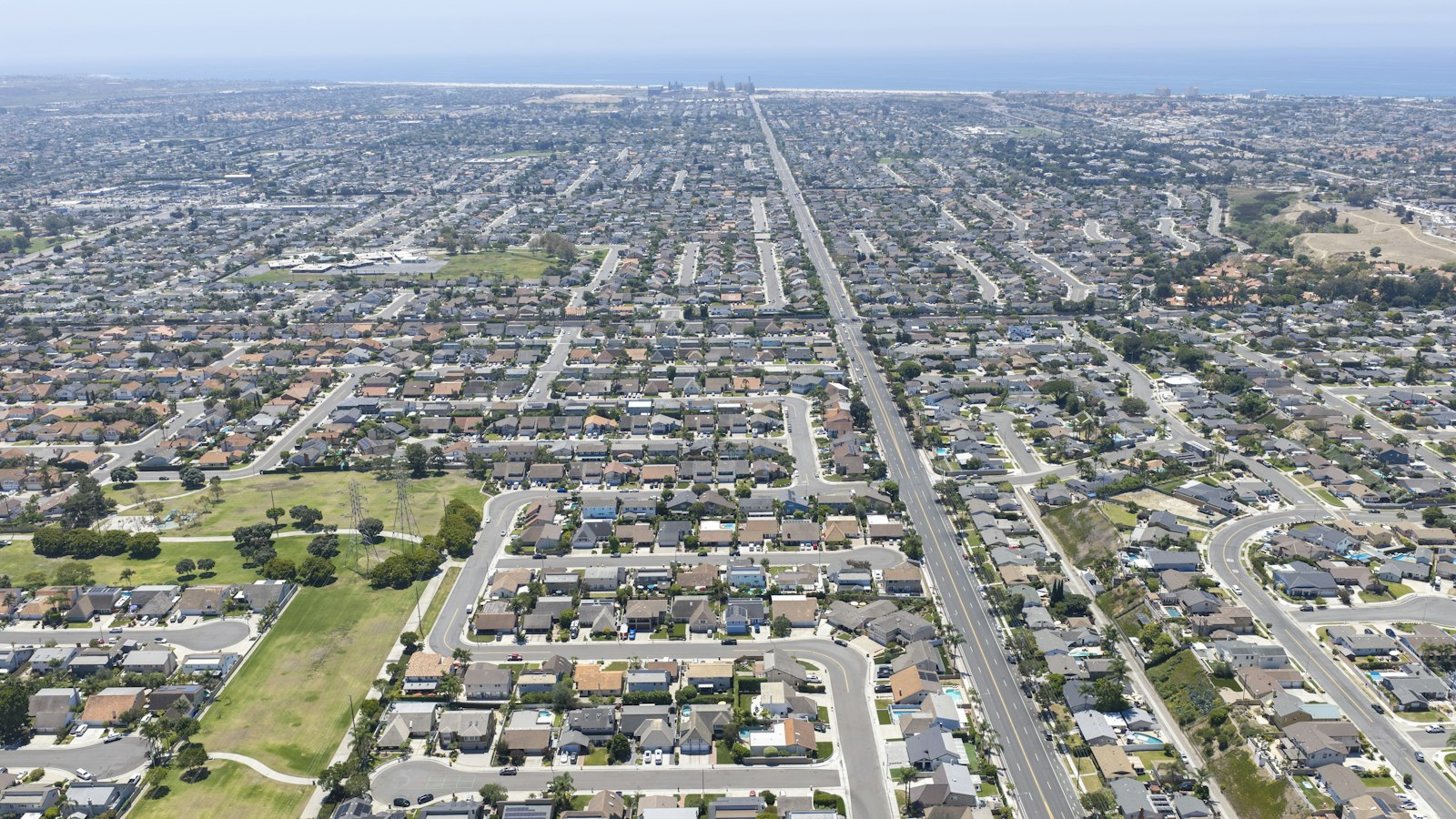 Aerial view of a dense suburban neighborhood